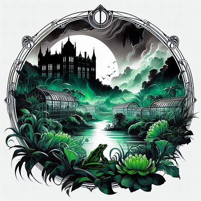 silhouette of manor in distance, swirling green mist, foggy greenhouses and a frog in the foreground